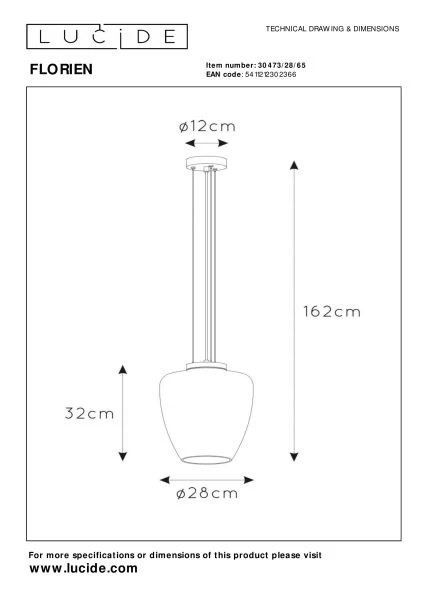 Lucide FLORIEN - Lámpara colgante - Ø 28 cm - 1xE27 - Ahumado - técnico